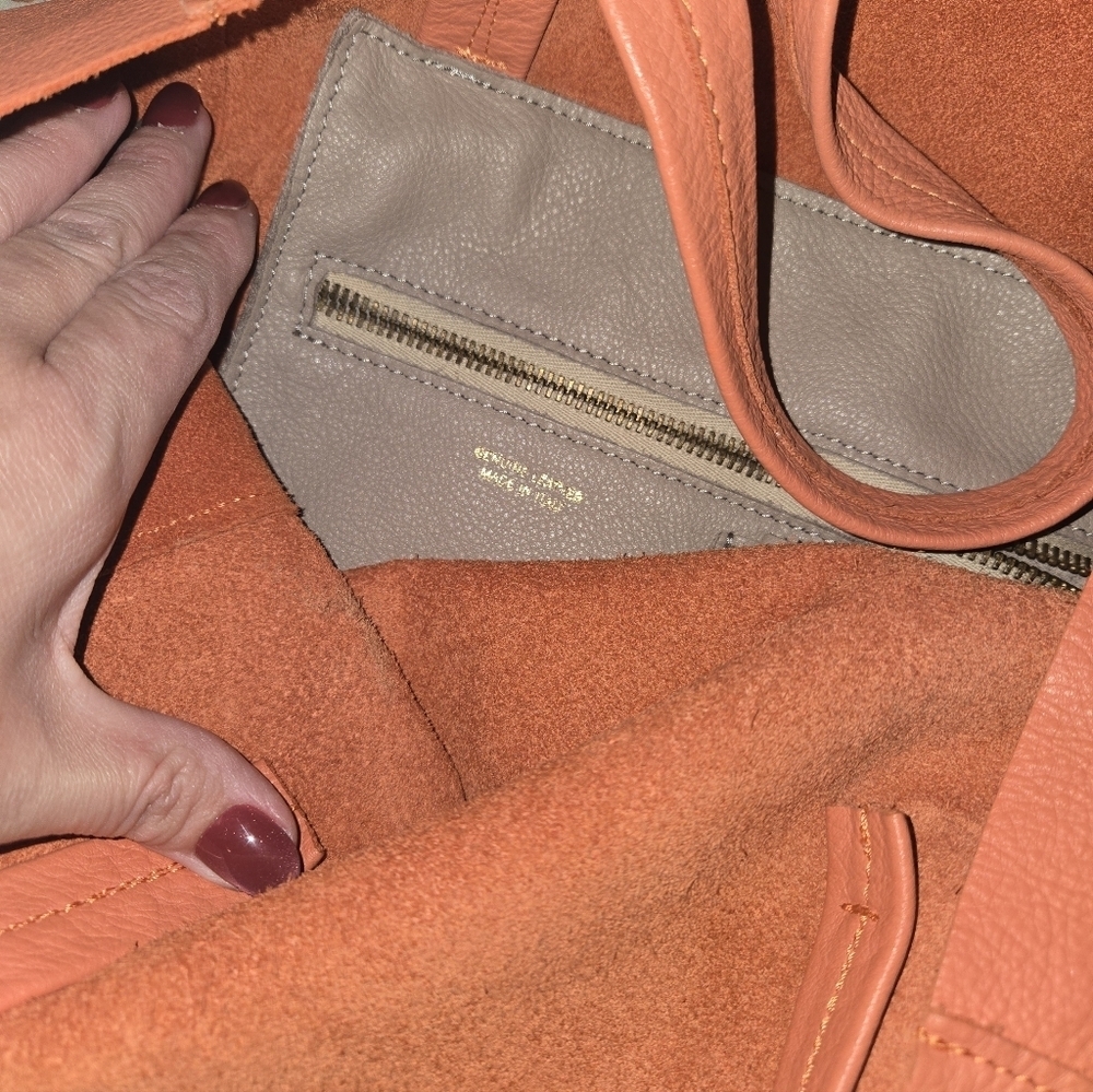 Le Parmentier Paris Made in Italy Leather Colorblock Tote – Coral & Taupe - Picture 8 of 13